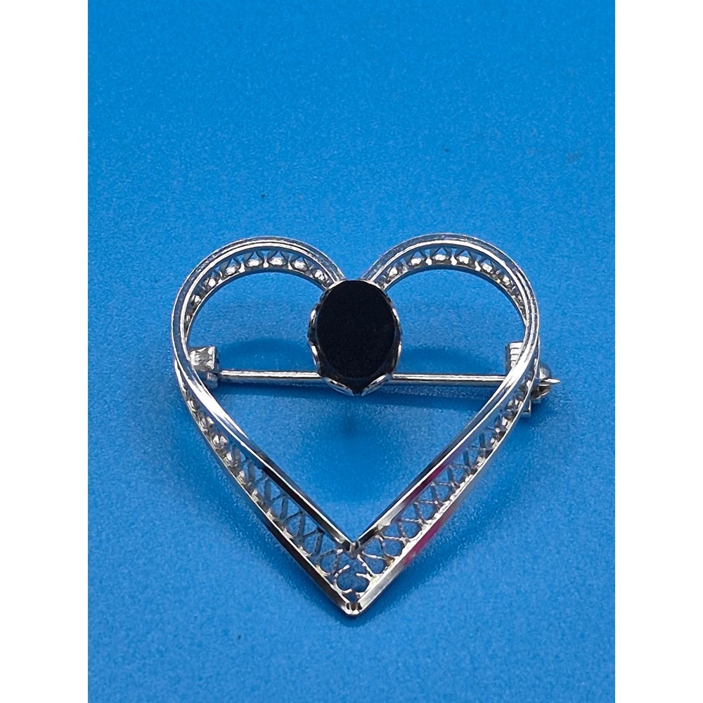 Vintage AZCO Heart Brooch 12/20 GF Silver Tone Black Onyx Filigree Pin